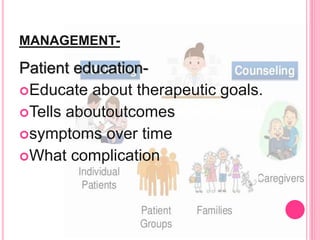 MANAGEMENT-
Patient education-
Educate about therapeutic goals.
Tells aboutoutcomesworseningof
symptoms over time
What complication
 