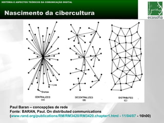 HISTÓRIA E ASPECTOS TEÓRICOS DA COMUNICAÇÃO DIGITAL




 Nascimento da cibercultura




     Paul Baran – concepções de rede
     Fonte: BARAN, Paul. On distributed communications
     (www.rand.org/publications/RM/RM3420/RM3420.chapter1.html - 11/04/07 - 16h00)
 