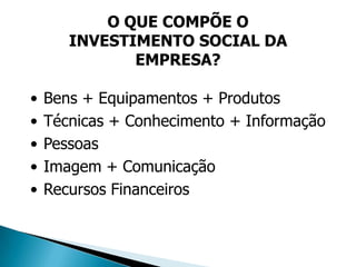 O QUE COMPÕE O
       INVESTIMENTO SOCIAL DA
              EMPRESA?

•   Bens + Equipamentos + Produtos
•   Técnicas + Conhecimento + Informação
•   Pessoas
•   Imagem + Comunicação
•   Recursos Financeiros
 