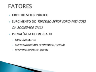    CRISE DO SETOR PÚBLICO

   SURGIMENTO DO TERCEIRO SETOR (ORGANIZAÇÕES

    DA SOCIEDADE CIVIL)

   PREVALÊNCIA DO MERCADO
    ◦ LIVRE INICIATIVA

    ◦ EMPREENDORISMO ECONOMICO/ SOCIAL
    ◦ RESPONSABILIDADE SOCIAL
 