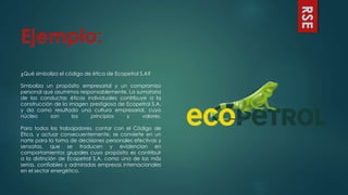 ¿Qué simboliza el código de ética de Ecopetrol S.A?
Simboliza un propósito empresarial y un compromiso
personal que asumimos responsablemente. La sumatoria
de las conductas éticas individuales contribuye a la
construcción de la imagen prestigiosa de Ecopetrol S.A.
y da como resultado una cultura empresarial, cuyo
núcleo son los principios y valores.
Para todos los trabajadores, contar con el Código de
Ética, y actuar consecuentemente, se convierte en un
norte para la toma de decisiones personales efectivas y
sensatas, que se traducen y evidencian en
comportamientos grupales cuyo propósito es contribuir
a la distinción de Ecopetrol S.A. como una de las más
serias, confiables y admiradas empresas internacionales
en el sector energético.
Ejemplo:
RSE
 