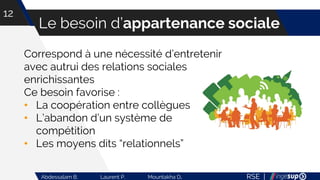 RSE |Abdessalam B. Laurent P. Mountakha D.
Le besoin d’appartenance sociale
12
Correspond à une nécessité d’entretenir
avec autrui des relations sociales
enrichissantes
Ce besoin favorise :
• La coopération entre collègues
• L’abandon d’un système de
compétition
• Les moyens dits “relationnels”
 