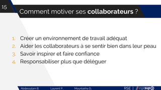 RSE |Abdessalam B. Laurent P. Mountakha D.
Comment motiver ses collaborateurs ?
15
1. Créer un environnement de travail adéquat
2. Aider les collaborateurs à se sentir bien dans leur peau
3. Savoir inspirer et faire confiance
4. Responsabiliser plus que déléguer
 