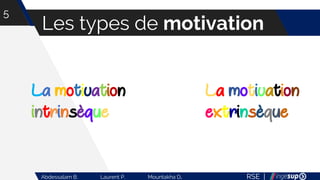 RSE |Abdessalam B. Laurent P. Mountakha D.
Les types de motivation
5
La motivation
intrinsèque
La motivation
extrinsèque
 
