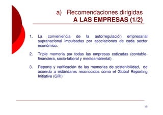 a) Recomendaciones dirigidas
                    A LAS EMPRESAS (1/2)

1.   La conveniencia de la autorregulación empresarial
     supranacional impulsadas por asociaciones de cada sector
     económico.

2.   Triple memoria por todas las empresas cotizadas (contable-
     financiera, socio-laboral y medioambiental)

3.   Reporte y verificación de las memorias de sostenibilidad, de
     acuerdo a estándares reconocidos como el Global Reporting
     Initiative (GRI)




                                                               10
 