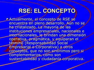 RSE: EL CONCEPTO Actualmente, el concepto de RSE se encuentra en pleno desarrollo. Aún no se ha cristalizado. La mayoría de las instituciones empresariales, nacionales e internacionales, le brindan una dimensión operativa, pragmática, y equiparan el término (Responsabilidad Social Empresarial o Corporativa) a otros conceptos, que no son sinónimos pero si complementarios, como son sustentabilidad y ciudadanía corporativa. 