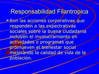 Responsabilidad Filantropica Son las acciones corporativas que responden a las expectrativas sociales sobre la buena ciudadania incluyen el involucramiento en actividades o programas que promueven el bienestar social mejorando la calidad de vida de la población.  