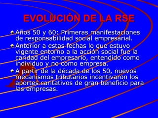 EVOLUCIÓN DE LA RSE Años 50 y 60: Primeras manifestaciones de responsabilidad social empresarial.  Anterior a estas fechas lo que estuvo vigente entorno a la acción social fue la caridad del empresario, entendido como individuo y no como empresa.  A partir de la década de los 50, nuevos mecanismos tributarios incentivaron los aportes caritativos de gran beneficio para las empresas.  