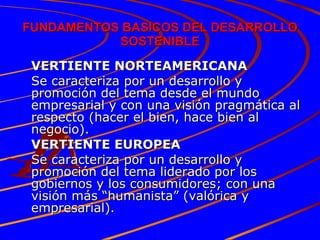 FUNDAMENTOS BASICOS DEL DESARROLLO SOSTENIBLE VERTIENTE NORTEAMERICANA Se caracteriza por un desarrollo y promoción del tema desde el mundo empresarial y con una visión pragmática al respecto (hacer el bien, hace bien al negocio). VERTIENTE EUROPEA Se caracteriza por un desarrollo y promoción del tema liderado por los gobiernos y los consumidores; con una visión más “humanista” (valórica y empresarial). 