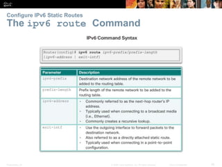 Presentation_ID 36© 2008 Cisco Systems, Inc. All rights reserved. Cisco Confidential
Configure IPv6 Static Routes
The ipv6 route Command
Verify a Default Static Route
Verify a Default Static Route
 