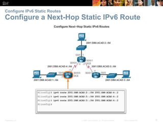 Presentation_ID 38© 2008 Cisco Systems, Inc. All rights reserved. Cisco Confidential
Configure IPv6 Static Routes
Configure a Next-Hop Static IPv6 Route
Verify a Default Static Route
Verify a Default Static Route
 