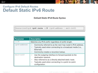 Presentation_ID 42© 2008 Cisco Systems, Inc. All rights reserved. Cisco Confidential
Configure IPv6 Default Routes
Default Static IPv6 Route
Verify a Default Static Route
Verify a Default Static Route
 