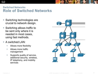 Presentation_ID 21© 2008 Cisco Systems, Inc. All rights reserved. Cisco Confidential
Switched Networks
Role of Switched Networks
 Switching technologies are
crucial to network design.
 Switching allows traffic to
be sent only where it is
needed in most cases,
using fast methods.
 A switched LAN:
 Allows more flexibility
 Allows more traffic
management
 Supports quality of service,
additional security, wireless,
IP telephony, and mobility
services
 