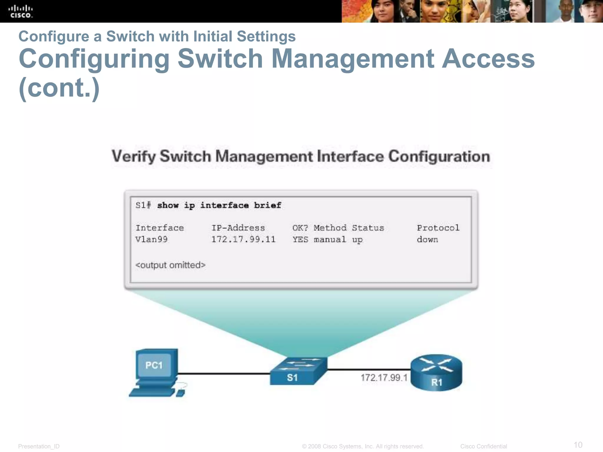 Presentation_ID 10© 2008 Cisco Systems, Inc. All rights reserved. Cisco Confidential Configure a Switch with Initial Settings Configuring Switch Management Access (cont.) 