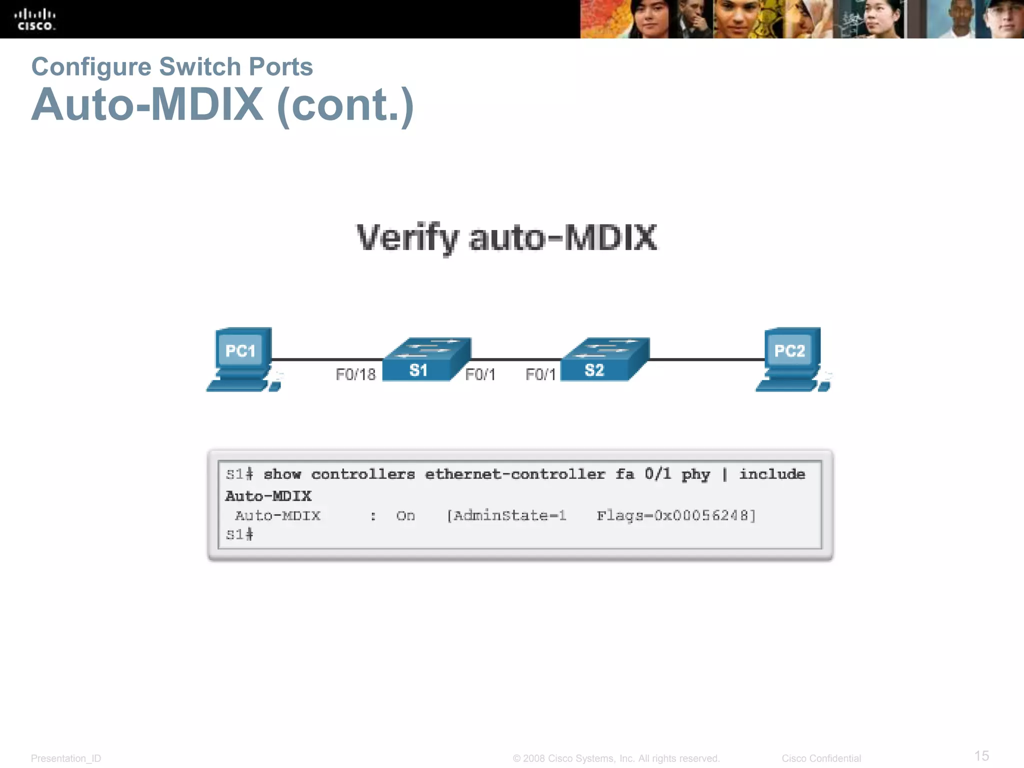 Presentation_ID 15© 2008 Cisco Systems, Inc. All rights reserved. Cisco Confidential Configure Switch Ports Auto-MDIX (cont.) 