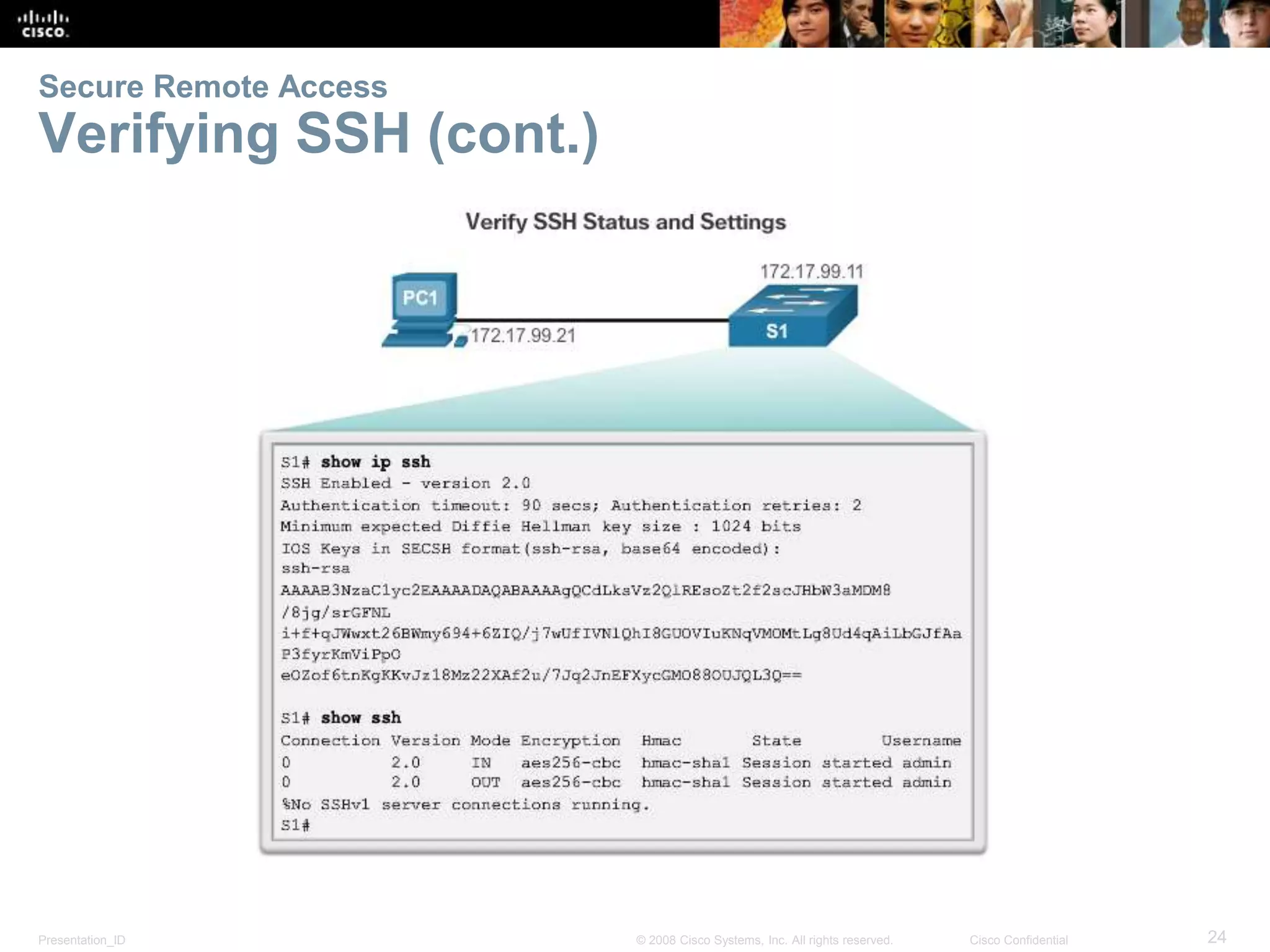 Presentation_ID 24© 2008 Cisco Systems, Inc. All rights reserved. Cisco Confidential Secure Remote Access Verifying SSH (cont.) 