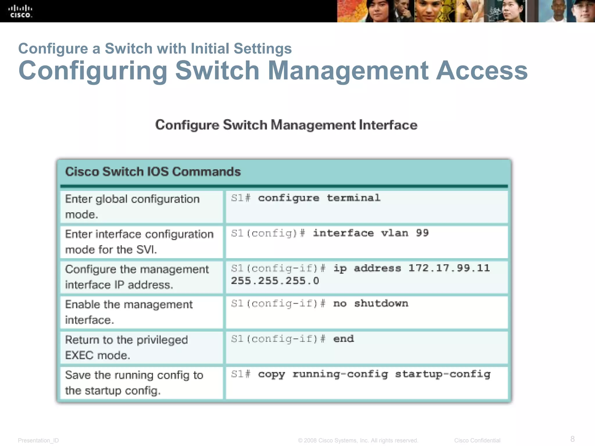 Presentation_ID 8© 2008 Cisco Systems, Inc. All rights reserved. Cisco Confidential Configure a Switch with Initial Settings Configuring Switch Management Access 