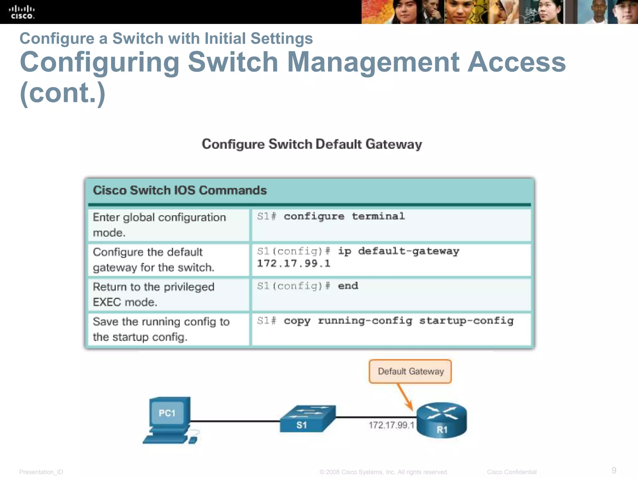 Presentation_ID 9© 2008 Cisco Systems, Inc. All rights reserved. Cisco Confidential Configure a Switch with Initial Settings Configuring Switch Management Access (cont.) 