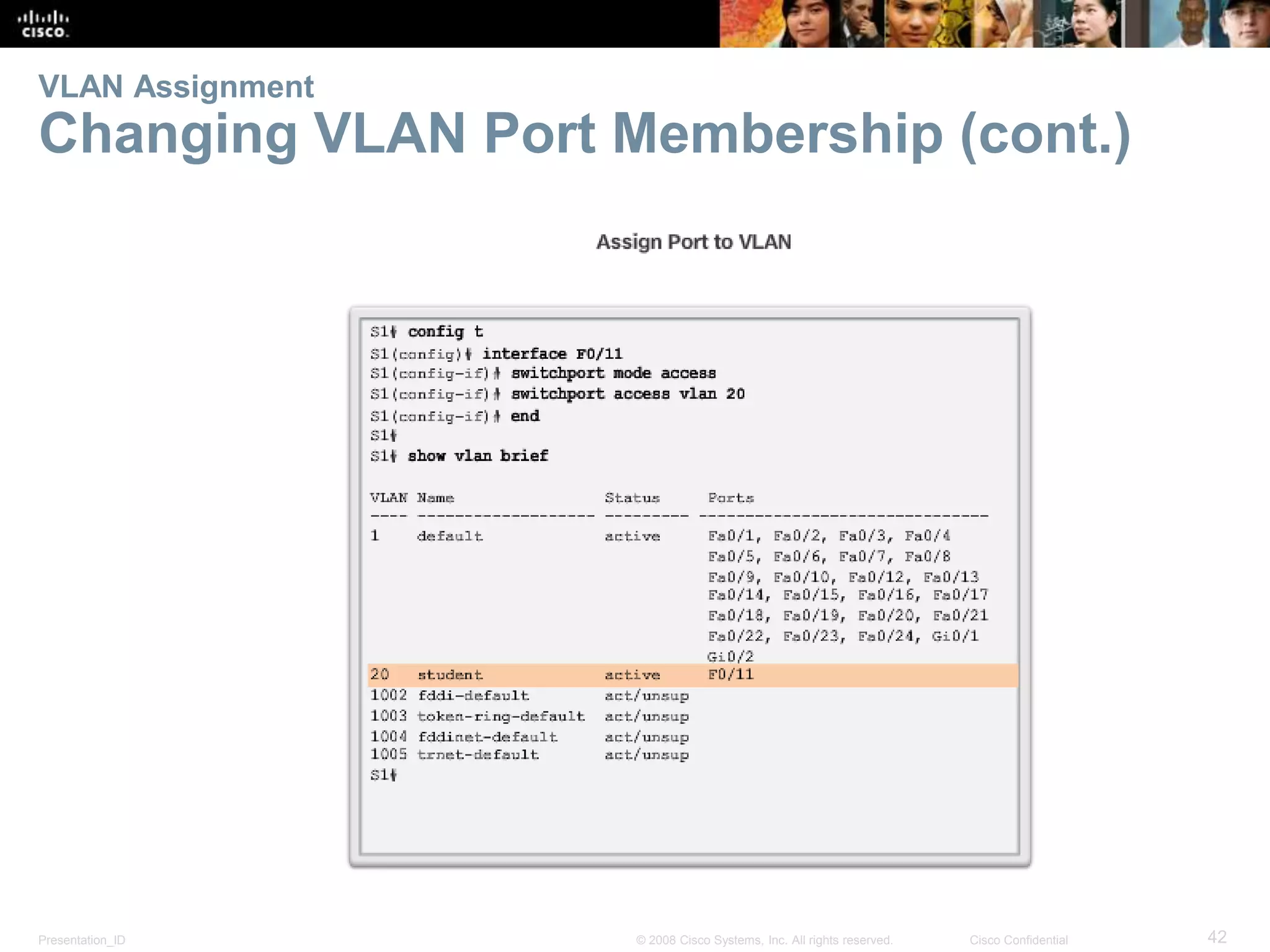 Presentation_ID 42© 2008 Cisco Systems, Inc. All rights reserved. Cisco Confidential
VLAN Assignment
Changing VLAN Port Membership (cont.)
 