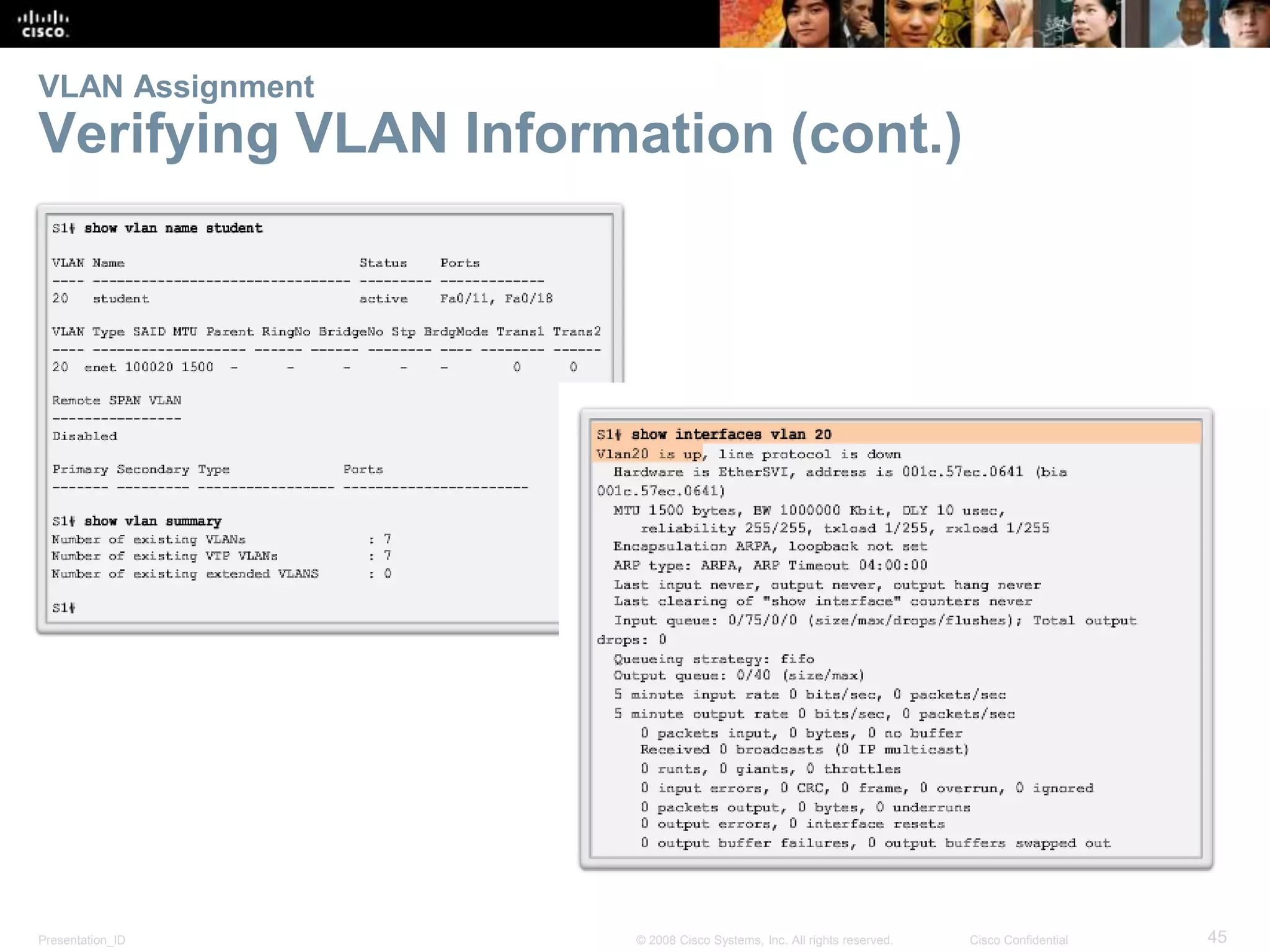 Presentation_ID 45© 2008 Cisco Systems, Inc. All rights reserved. Cisco Confidential
VLAN Assignment
Verifying VLAN Information (cont.)
 