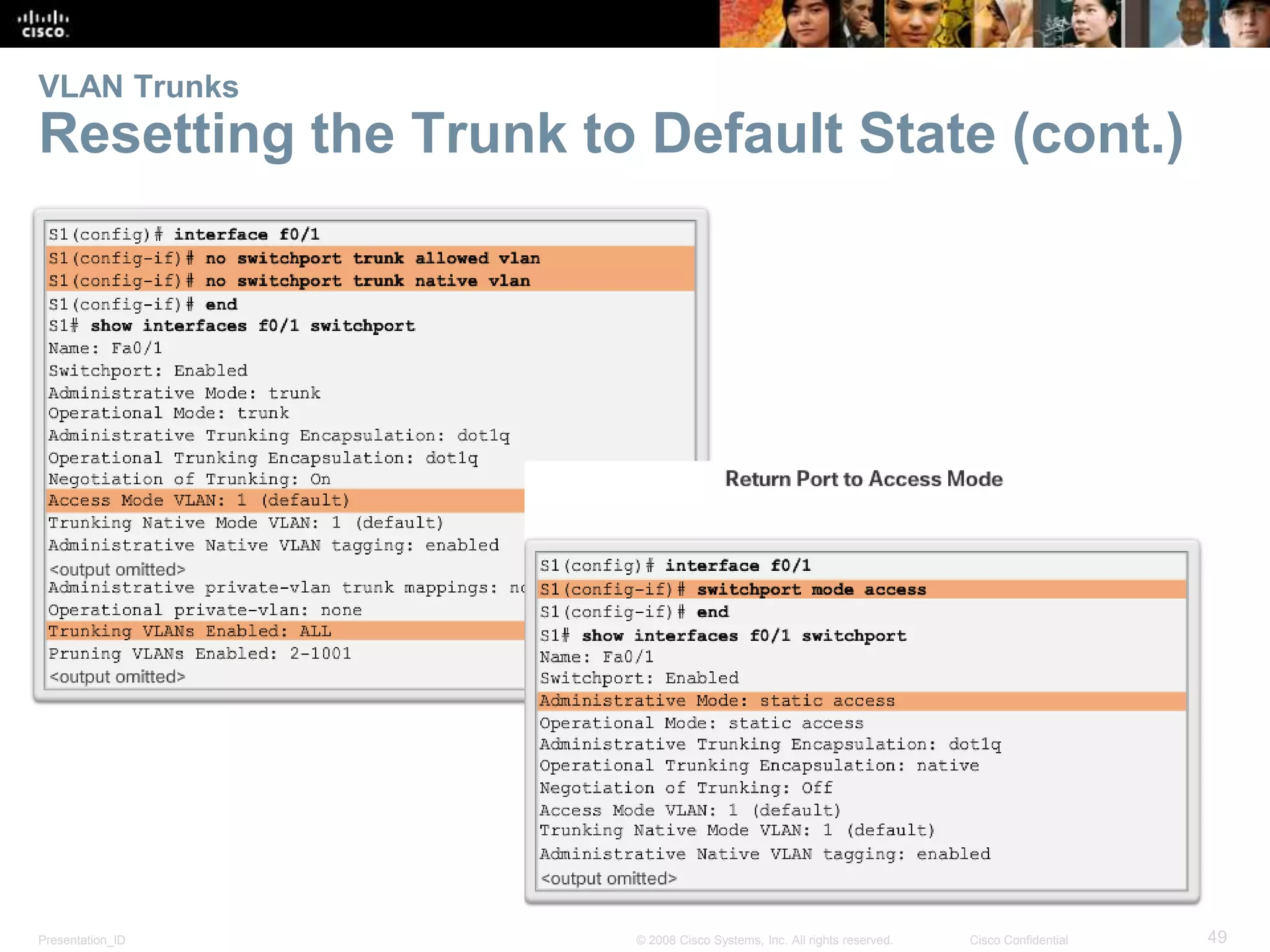 Presentation_ID 49© 2008 Cisco Systems, Inc. All rights reserved. Cisco Confidential
VLAN Trunks
Resetting the Trunk to Default State (cont.)
 