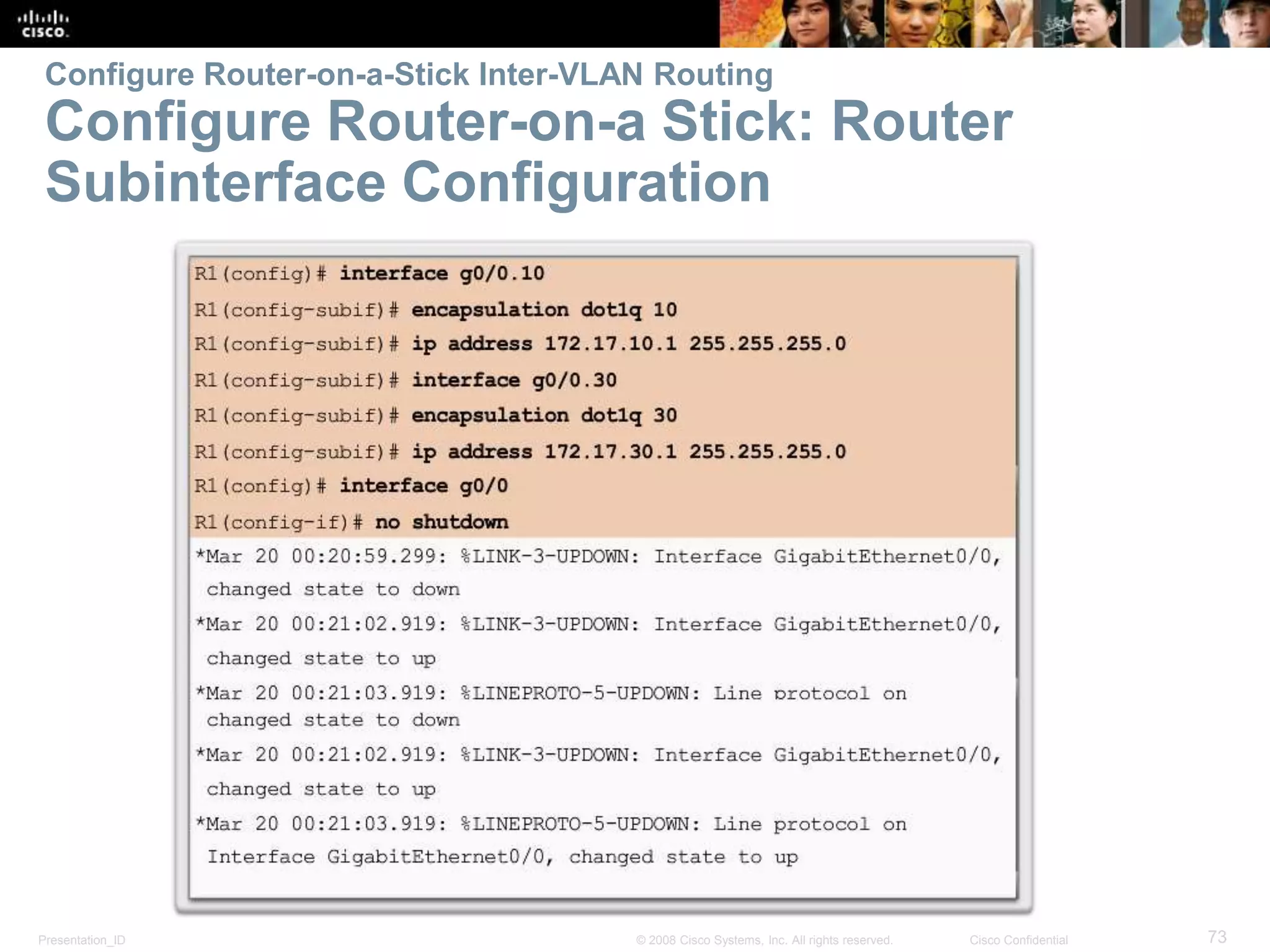 Presentation_ID 73© 2008 Cisco Systems, Inc. All rights reserved. Cisco Confidential
Configure Router-on-a-Stick Inter-VLAN Routing
Configure Router-on-a Stick: Router
Subinterface Configuration
 