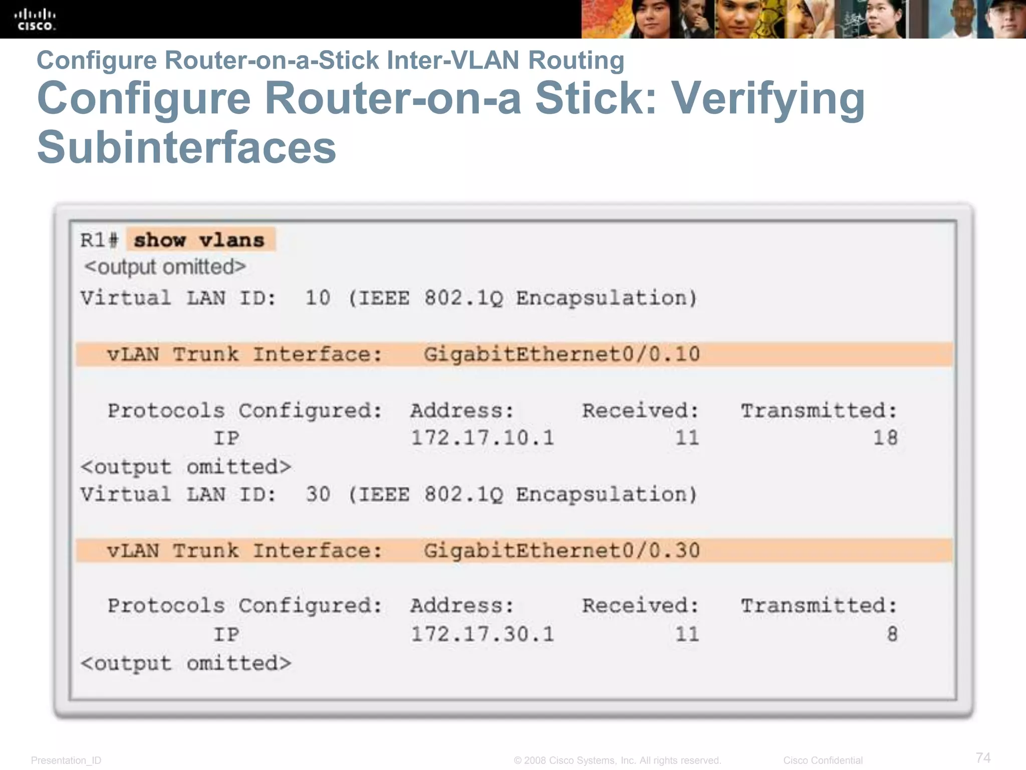 Presentation_ID 74© 2008 Cisco Systems, Inc. All rights reserved. Cisco Confidential
Configure Router-on-a-Stick Inter-VLAN Routing
Configure Router-on-a Stick: Verifying
Subinterfaces
 