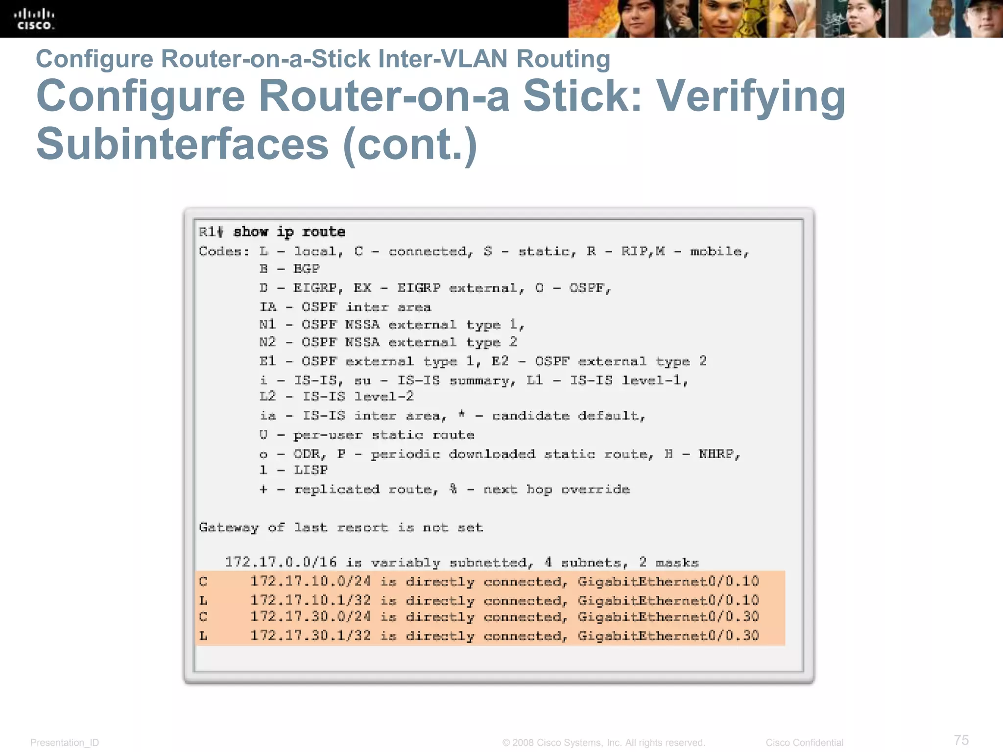 Presentation_ID 75© 2008 Cisco Systems, Inc. All rights reserved. Cisco Confidential
Configure Router-on-a-Stick Inter-VLAN Routing
Configure Router-on-a Stick: Verifying
Subinterfaces (cont.)
 