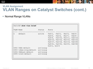 Presentation_ID 36© 2008 Cisco Systems, Inc. All rights reserved. Cisco Confidential
VLAN Assignment
VLAN Ranges on Catalyst Switches (cont.)
 Normal Range VLANs
 