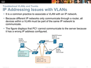 Presentation_ID 51© 2008 Cisco Systems, Inc. All rights reserved. Cisco Confidential
Troubleshoot VLANs and Trunks
IP Addressing Issues with VLANs
 It is a common practice to associate a VLAN with an IP network.
 Because different IP networks only communicate through a router, all
devices within a VLAN must be part of the same IP network to
communicate.
 The figure displays that PC1 cannot communicate to the server because
it has a wrong IP address configured.
 