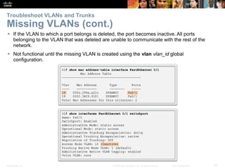Presentation_ID 53© 2008 Cisco Systems, Inc. All rights reserved. Cisco Confidential
Troubleshoot VLANs and Trunks
Missing VLANs (cont.)
 If the VLAN to which a port belongs is deleted, the port becomes inactive. All ports
belonging to the VLAN that was deleted are unable to communicate with the rest of the
network.
 Not functional until the missing VLAN is created using the vlan vlan_id global
configuration.
 