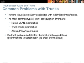 Presentation_ID 55© 2008 Cisco Systems, Inc. All rights reserved. Cisco Confidential
Troubleshoot VLANs and Trunks
Common Problems with Trunks
 Trunking issues are usually associated with incorrect configurations.
 The most common type of trunk configuration errors are:
 Native VLAN mismatches
 Trunk mode mismatches
 Allowed VLANs on trunks
 If a trunk problem is detected, the best practice guidelines
recommend to troubleshoot in the order shown above.
 