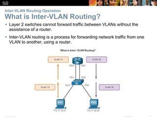 Presentation_ID 61© 2008 Cisco Systems, Inc. All rights reserved. Cisco Confidential
Inter-VLAN Routing Operation
What is Inter-VLAN Routing?
 Layer 2 switches cannot forward traffic between VLANs without the
assistance of a router.
 Inter-VLAN routing is a process for forwarding network traffic from one
VLAN to another, using a router.
 