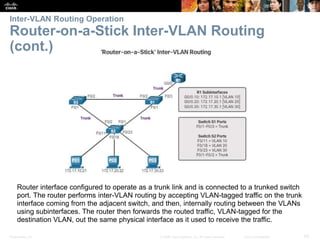 Presentation_ID 65© 2008 Cisco Systems, Inc. All rights reserved. Cisco Confidential
Inter-VLAN Routing Operation
Router-on-a-Stick Inter-VLAN Routing
(cont.)
Router interface configured to operate as a trunk link and is connected to a trunked switch
port. The router performs inter-VLAN routing by accepting VLAN-tagged traffic on the trunk
interface coming from the adjacent switch, and then, internally routing between the VLANs
using subinterfaces. The router then forwards the routed traffic, VLAN-tagged for the
destination VLAN, out the same physical interface as it used to receive the traffic.
 