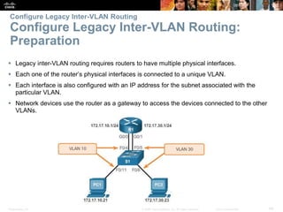 Presentation_ID 68© 2008 Cisco Systems, Inc. All rights reserved. Cisco Confidential
Configure Legacy Inter-VLAN Routing
Configure Legacy Inter-VLAN Routing:
Preparation
 Legacy inter-VLAN routing requires routers to have multiple physical interfaces.
 Each one of the router’s physical interfaces is connected to a unique VLAN.
 Each interface is also configured with an IP address for the subnet associated with the
particular VLAN.
 Network devices use the router as a gateway to access the devices connected to the other
VLANs.
 