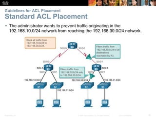 Presentation_ID 30© 2008 Cisco Systems, Inc. All rights reserved. Cisco Confidential
Guidelines for ACL Placement
Standard ACL Placement
 The administrator wants to prevent traffic originating in the
192.168.10.0/24 network from reaching the 192.168.30.0/24 network.
 