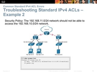 Presentation_ID 55© 2008 Cisco Systems, Inc. All rights reserved. Cisco Confidential
Common Standard IPv4 ACL Errors
Troubleshooting Standard IPv4 ACLs –
Example 2
Security Policy: The 192.168.11.0/24 network should not be able to
access the 192.168.10.0/24 network.
 