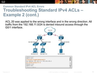 Presentation_ID 56© 2008 Cisco Systems, Inc. All rights reserved. Cisco Confidential
Common Standard IPv4 ACL Errors
Troubleshooting Standard IPv4 ACLs –
Example 2 (cont.)
ACL 20 was applied to the wrong interface and in the wrong direction. All
traffic from the 192.168.11.0/24 is denied inbound access through the
G0/1 interface.
 