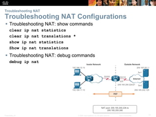 Presentation_ID 17© 2008 Cisco Systems, Inc. All rights reserved. Cisco Confidential
Troubleshooting NAT
Troubleshooting NAT Configurations
 Troubleshooting NAT: show commands
clear ip nat statistics
clear ip nat translations *
show ip nat statistics
Show ip nat translations
 Troubleshooting NAT: debug commands
debug ip nat
 