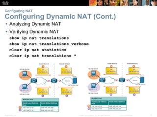 Presentation_ID 9© 2008 Cisco Systems, Inc. All rights reserved. Cisco Confidential
Configuring NAT
Configuring Dynamic NAT (Cont.)
 Analyzing Dynamic NAT
 Verifying Dynamic NAT
show ip nat translations
show ip nat translations verbose
clear ip nat statistics
clear ip nat translations *
 