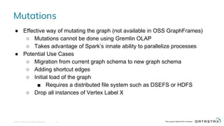 Mutations
© 2016 DataStax, All Rights Reserved. 15
● Effective way of mutating the graph (not available in OSS GraphFrames)
○ Mutations cannot be done using Gremlin OLAP
○ Takes advantage of Spark’s innate ability to parallelize processes
● Potential Use Cases
○ Migration from current graph schema to new graph schema
○ Adding shortcut edges
○ Initial load of the graph
■ Requires a distributed file system such as DSEFS or HDFS
○ Drop all instances of Vertex Label X
 