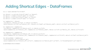 Adding Shortcut Edges - DataFrames
© 2016 DataStax, All Rights Reserved. 22
val g = spark.dseGraph("killrvideo")
val vPerson1 = g.vertices.filter($"~label" === "person")
val eActor1 = g.edges.filter($"~label" === "actor")
val vMovie1 = g.vertices.filter($"~label" === "movie")
val eActor2 = g.edges.filter($"~label" === "actor")
val tempResults1 = vPerson1
.join(eActor1, vPerson1.col("id") === eActor1.col("dst"))
.select(vPerson1.col("id").as("vPerson1_id"), vPerson1.col("name").as("vPerson1_name"), eActor1.col("src").as("eActor1_src"))
val tempResults2 = tempResults1
.join(vMovie1, tempResults1.col("eActor1_src") === vMovie1.col("id"))
.select(tempResults1.col("vPerson1_id"), tempResults1.col("vPerson1_name"), vMovie1.col("id").as("vMovie1_id"), vMovie1.col("title"))
val tempResults3 = tempResults2
.join(eActor2, tempResults2.col("vMovie1_id") === eActor2.col("src"))
.select(tempResults2.col("vPerson1_id"), tempResults2.col("vPerson1_name"), tempResults2.col("title"), eActor2.col("dst").as("eActor2_dst"))
val shortcutEdges = tempResults3
.filter($"vPerson1_id" =!= $"eActor2_dst")
.select(tempResults3.col("vPerson1_id").as("src"), tempResults3.col("eActor2_dst").as("dst"), lit("workedTogether").as("~label"))
g.updateEdges(shortcutEdges)
 