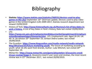 Bibliography
• Statista: https://www.statista.com/statistics/260531/devices-used-to-play-
games-in-the-uk// September 16th 2019 last update, Devices used to play video
games in the United Kingdom (UK) 2009-2017, Statista research department last
viewed 19/09/2019
• History of York: http://www.historyofyork.org.uk/themes/a-list-of-key-dates-in-
york-s-history, A List of Key Dates in York's History, Date last visited 19/09/2019.
• LFS:
https://www.ons.gov.uk/employmentandlabourmarket/peopleinwork/employm
entandemployeetypes/timeseries/aivz , LFS: Employment rate: Aged 16-24: UK:
All: %: SA release 10th September 19, contact Debra Leaker, last visited
20/09/2019.
• The Guardian: https://www.theguardian.com/media-network/media-network-
blog/2012/oct/25/future-marketing-youth, The future of marketing according to
youth: what 16-24s want from brands, Author: Luke Mitchell, last visited 20th
September 19.
• Metacritic: https://www.metacritic.com/game/playstation-3/assassins-creed-
ii/user-reviews?page=1, Assassins creed 2 user score and reviews, the most recent
review was in 25th December 2017, last visited 20/09/2019.
 
