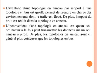 L'avantage d'une topologie en anneau par rapport à une
topologie en bus est qu'elle permet de prendre en charge des
environnements dont le trafic est élevé. De plus, l'impact du
bruit est réduit dans la topologie en anneau.
 L'inconvénient d'une topologie en anneau est qu'un seul
ordinateur à la fois peut transmettre les données sur un seul
anneau à jeton. De plus, les topologies en anneau sont en
général plus coûteuses que les topologies en bus.
 