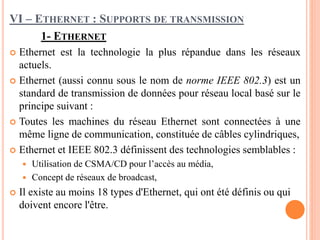 VI – ETHERNET : SUPPORTS DE TRANSMISSION
1- ETHERNET
 Ethernet est la technologie la plus répandue dans les réseaux
actuels.
 Ethernet (aussi connu sous le nom de norme IEEE 802.3) est un
standard de transmission de données pour réseau local basé sur le
principe suivant :
 Toutes les machines du réseau Ethernet sont connectées à une
même ligne de communication, constituée de câbles cylindriques,
 Ethernet et IEEE 802.3 définissent des technologies semblables :
 Utilisation de CSMA/CD pour l’accès au média,
 Concept de réseaux de broadcast,
 Il existe au moins 18 types d'Ethernet, qui ont été définis ou qui
doivent encore l'être.
 
