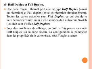 vi- Half Duplex et Full Duplex.
 Une carte réseau Ethernet peut être de type Half Duplex (envoi
ou réception) et Full duplex (envoi et réception simultanément).
Toutes les cartes actuelles sont Full Duplex, ce qui double le
taux de transfert maximum. Cette solution doit utiliser un Switch
(les Hub sont d'office half Duplex).
 Pour des problèmes de câblage, on doit parfois passer en mode
Half Duplex sur la carte réseau. La configuration se paramètre
dans les propriétés de la carte réseau sous l'onglet avancé.
 