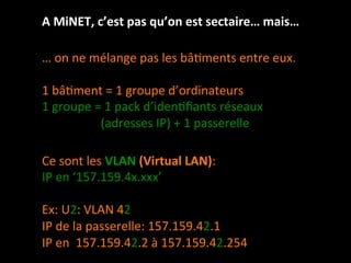 A MiNET, c’est pas qu’on est sectaire… mais… 

… on ne mélange pas les bâLments entre eux. 
 
1 bâLment = 1 groupe d’ordinateurs 
1 groupe = 1 pack d’idenLﬁants réseaux 
          (adresses IP) + 1 passerelle 
 
 
Ce sont les VLAN (Virtual LAN):  
IP en ‘157.159.4x.xxx’ 
 
Ex: U2: VLAN 42 
IP de la passerelle: 157.159.42.1  
IP en  157.159.42.2 à 157.159.42.254 
 
 