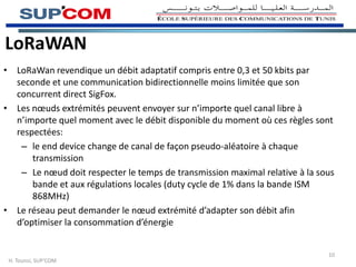 • LoRaWan revendique un débit adaptatif compris entre 0,3 et 50 kbits par
seconde et une communication bidirectionnelle moins limitée que son
concurrent direct SigFox.
• Les nœuds extrémités peuvent envoyer sur n’importe quel canal libre à
n’importe quel moment avec le débit disponible du moment où ces règles sont
respectées:
– le end device change de canal de façon pseudo-aléatoire à chaque
transmission
– Le nœud doit respecter le temps de transmission maximal relative à la sous
bande et aux régulations locales (duty cycle de 1% dans la bande ISM
868MHz)
• Le réseau peut demander le nœud extrémité d’adapter son débit afin
d’optimiser la consommation d’énergie
H. Tounsi, SUP’COM
10
LoRaWAN
 