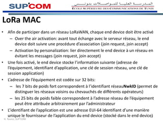 LoRa MAC
• Afin de participer dans un réseau LoRaWAN, chaque end device doit être activé
– Over the air activation: avant tout échange avec le serveur réseau, le end
device doit suivre une procédure d’association (join request, join accept)
– Activation by personalization: lier directement le end device à un réseau en
évitant les messages (join request, join accept)
• Une fois activé, le end device stocke l’information suivante (adresse de
l’équipement, identifiant d’application, une clé de session réseau, une clé de
session application)
• L’adresse de l’équipement est codée sur 32 bits:
– les 7 bits de poids fort correspondent à l’identifiant réseauNwkID (permet de
distinguer les réseaux voisins ou chevauchés de différents opérateurs)
– les 25 bits de poids faible correspondent à l’adresse réseau de l’équipement
peut être attribuée arbitrairement par l’administrateur
• L’identifiant de l’application est une adresse EUI-64 identifiant d’une manière
unique le fournisseur de l’application du end device (stocké dans le end device)
H. Tounsi, SUP’COM
17
 
