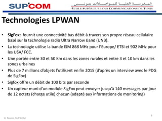 Technologies LPWAN
• SigFox: fournit une connectivité bas débit à travers son propre réseau cellulaire
basé sur la technologie radio Ultra Narrow Band (UNB).
• La technologie utilise la bande ISM 868 MHz pour l’Europe/ ETSI et 902 MHz pour
les USA/ FCC.
• Une portée entre 30 et 50 Km dans les zones rurales et entre 3 et 10 km dans les
zones urbaines
• Plus de 7 millions d’objets l’utilisent en fin 2015 (d’après un interview avec le PDG
de SigFox)
• Sigfox offre un débit de 100 bits par seconde
• Un capteur muni d’un module SigFox peut envoyer jusqu’à 140 messages par jour
de 12 octets (charge utile) chacun (adapté aux informations de monitoring)
H. Tounsi, SUP’COM
6
 